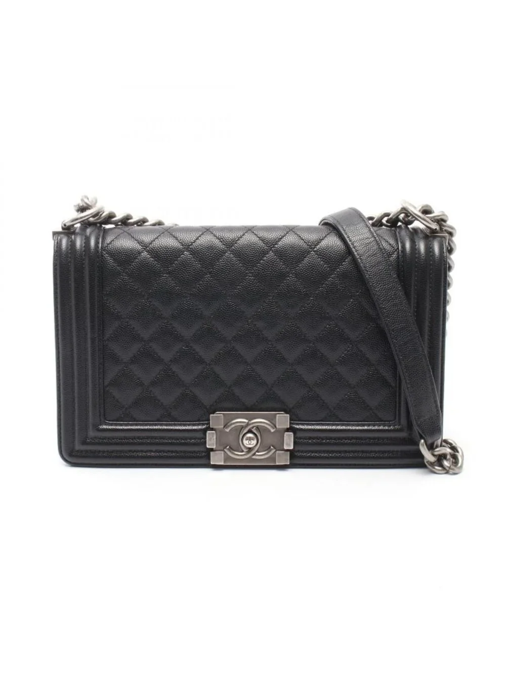 Chanel Shoulder Bag Boy Black Caviar Leather Boy Chain